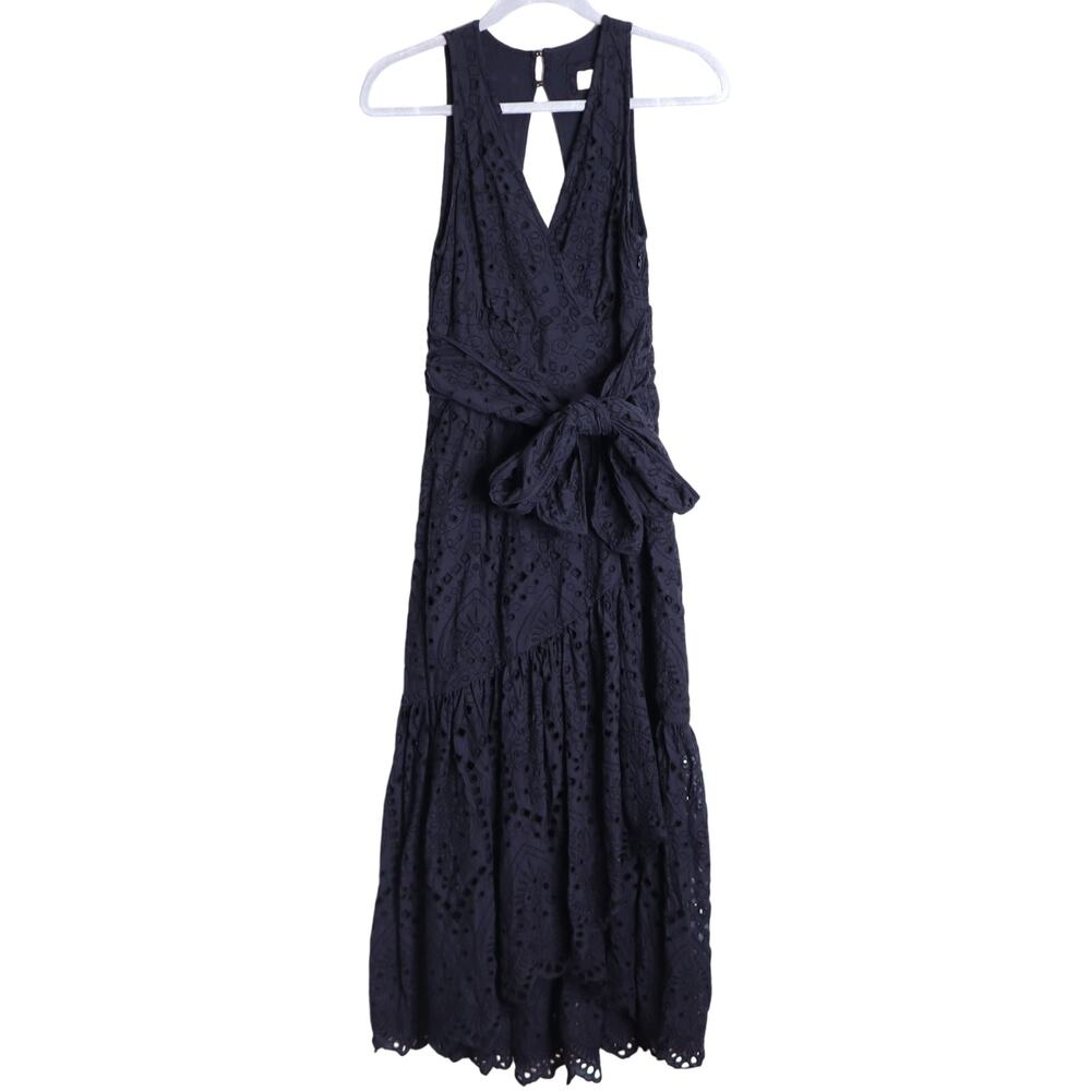 MAEVE Eyelet Wrap Midi Dress Black Sleeveless Cut Out Back Women's 2